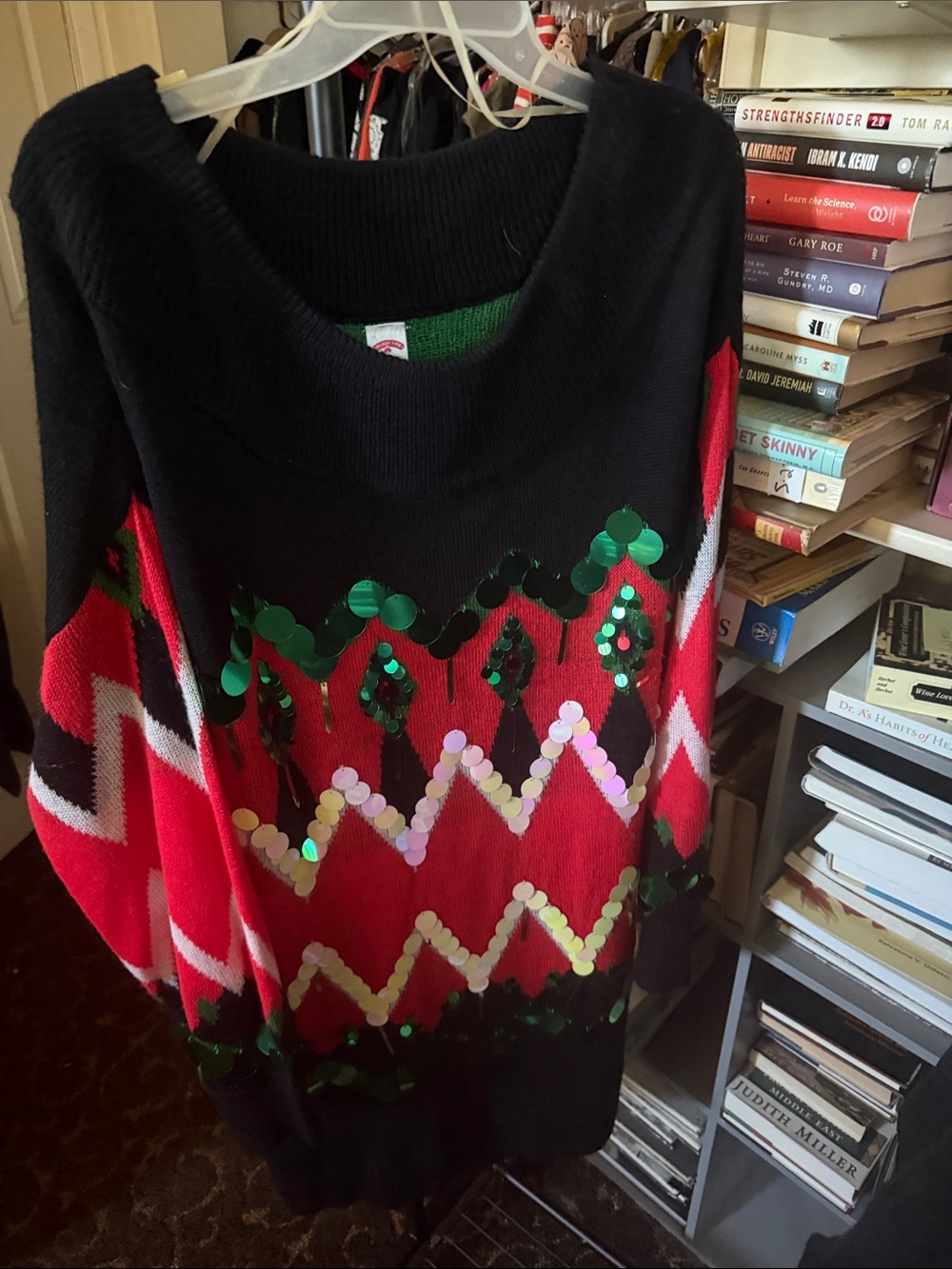 Holiday Time Black and Red Off-the-Shoulder Sequin Chevron Sweater